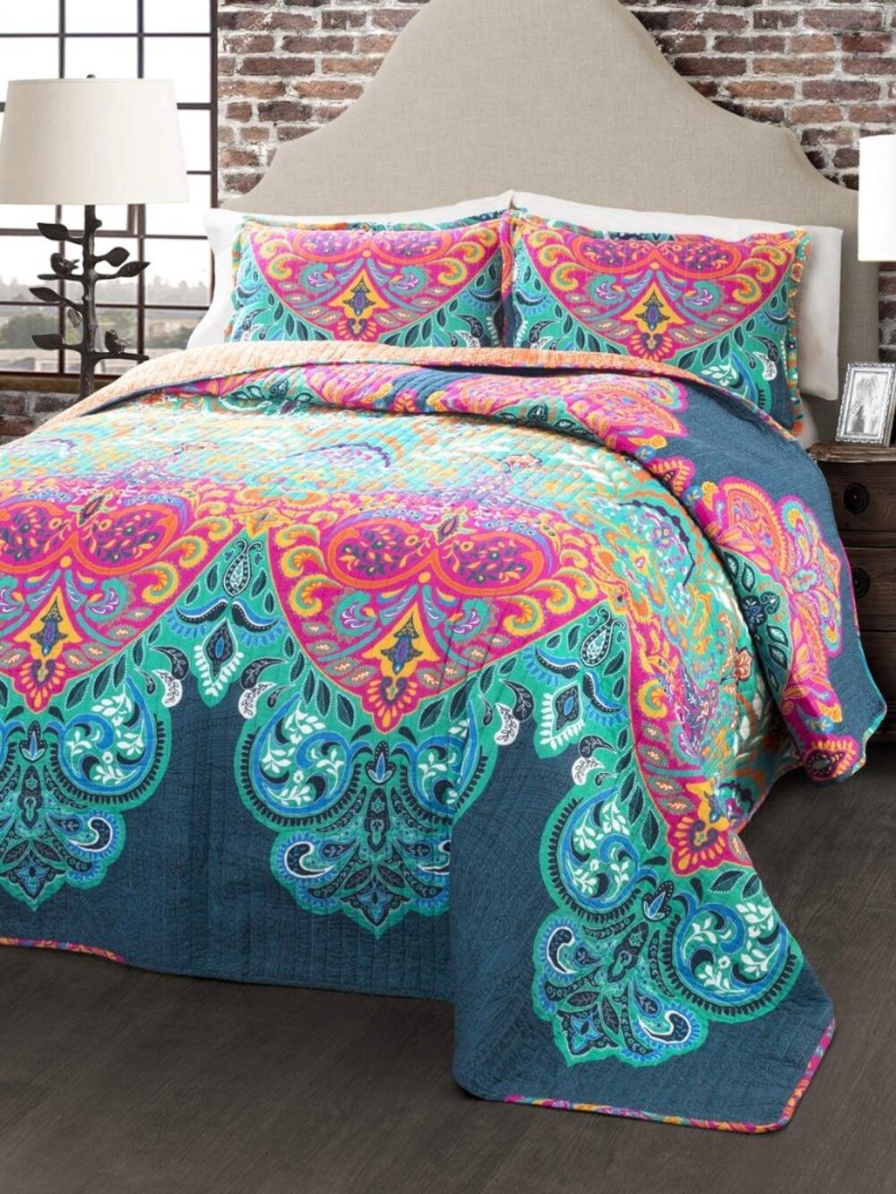 Boho Chic Reversible Cotton Quilt 3-Piece Set, Full/ Queen, Turquoise & Navy